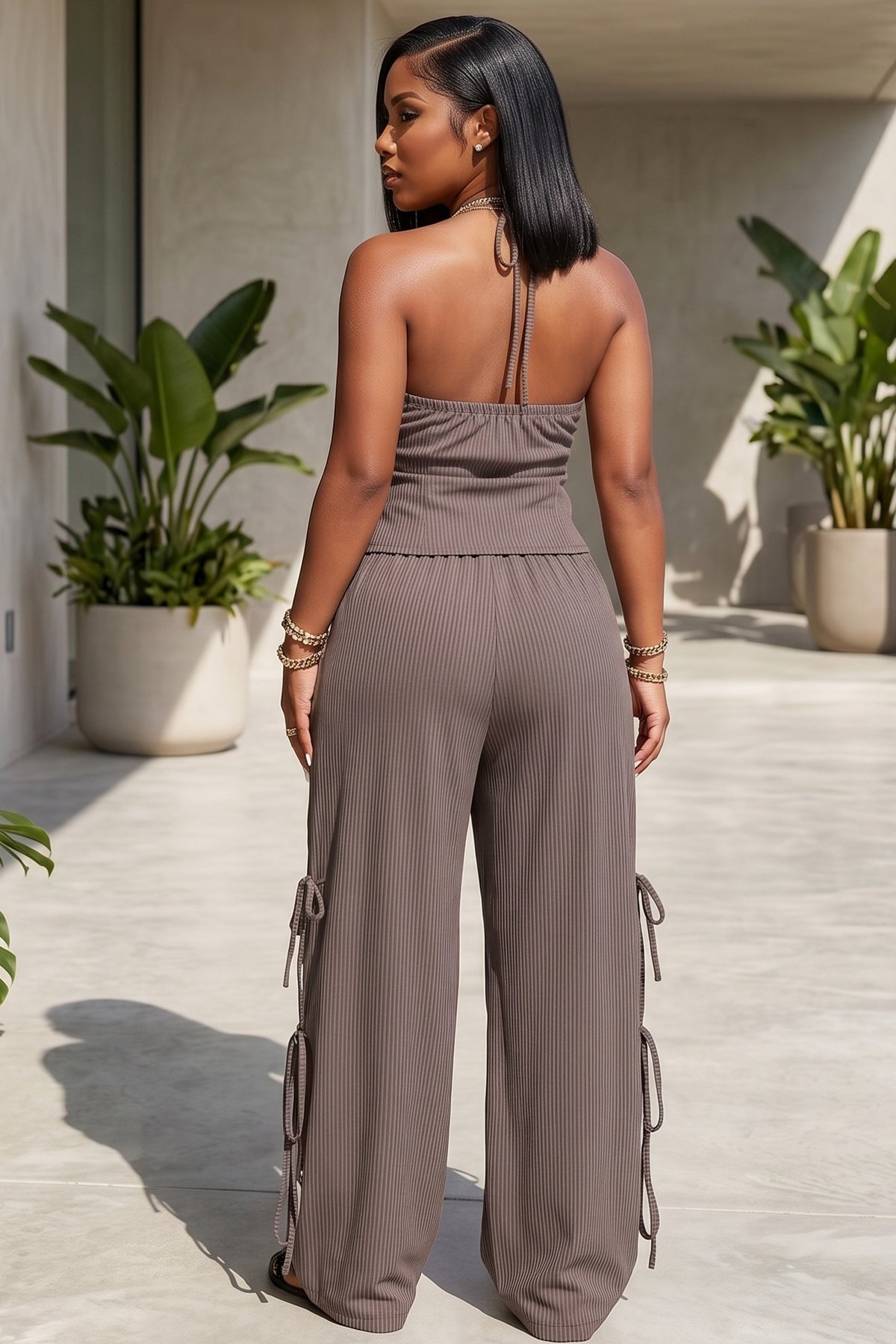 Pin Stripe Halter Neck Lace-up Top And Wide Leg Pant 2pc Set