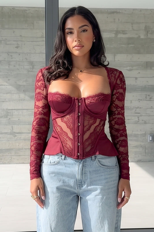 Sweetheart Lace Long-Sleeve Corset Top
