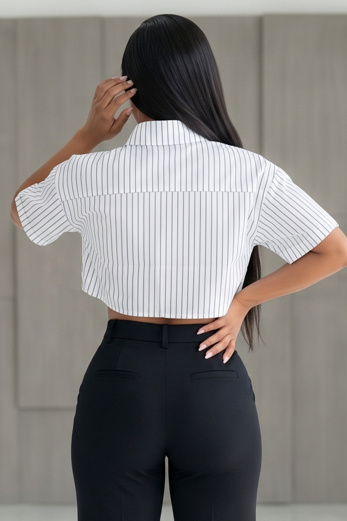 Striped Short Sleeve Cropped Collar Shirt With Neck Tie