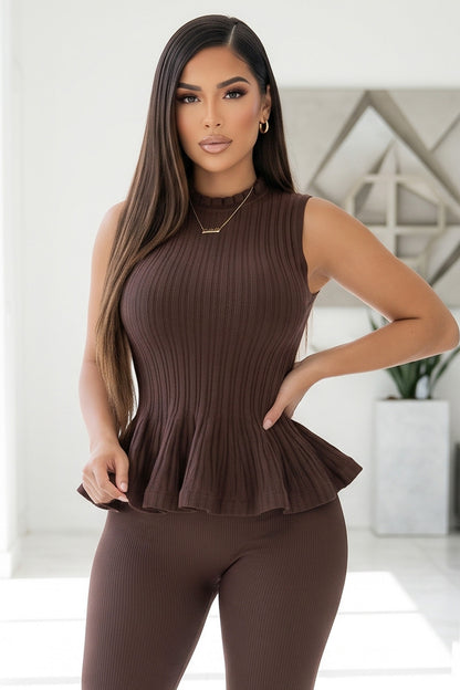 Mock-Neck Ribbed Peplum Knit Top