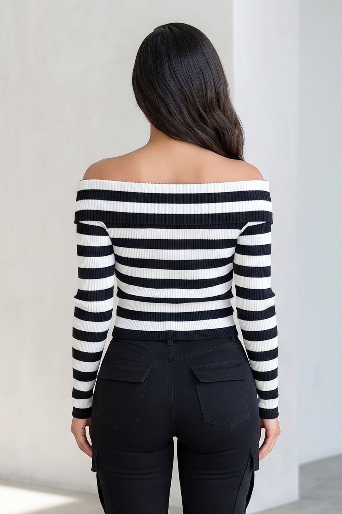 Striped Foldover Off-Shoulder Knit Top