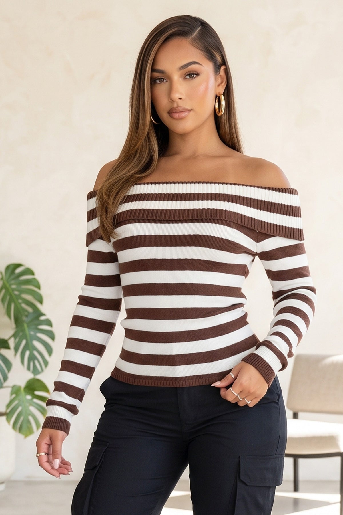 Striped Foldover Off-Shoulder Knit Top