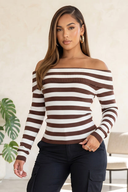 Striped Foldover Off-Shoulder Knit Top
