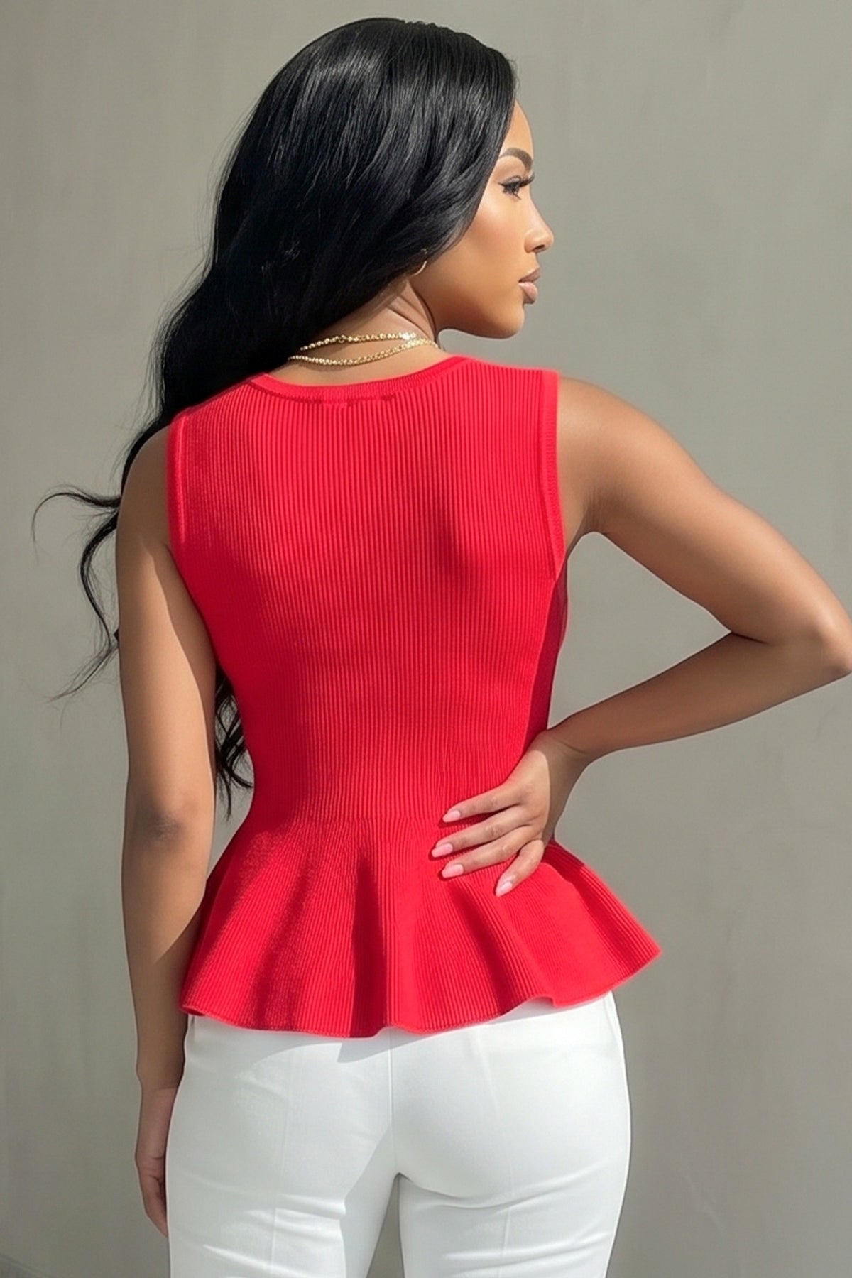 Ribbed Button-Front Peplum Top