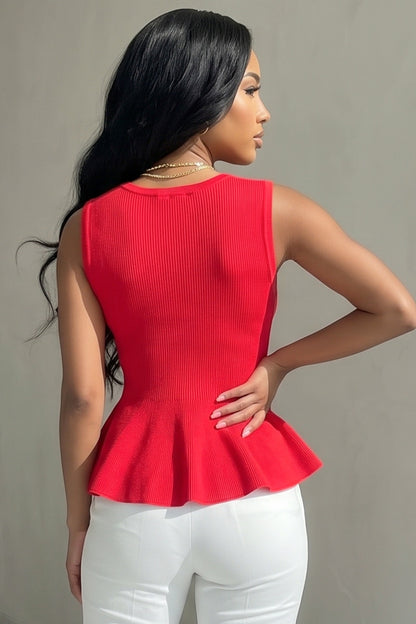 Ribbed Button-Front Peplum Top