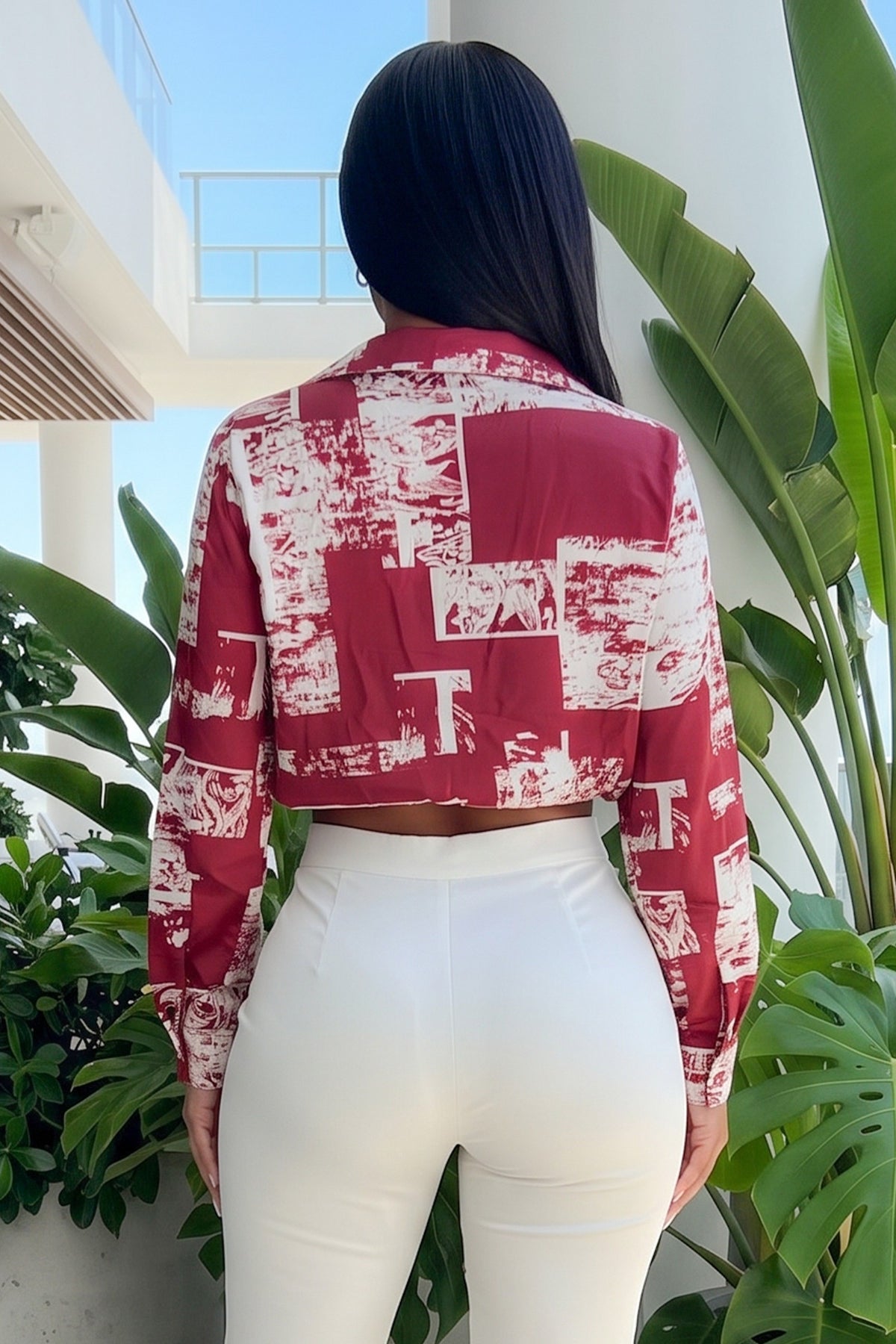 Print On Satin Fabric Long Sleeve Crop Blouse With Collar