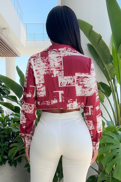Print On Satin Fabric Long Sleeve Crop Blouse With Collar