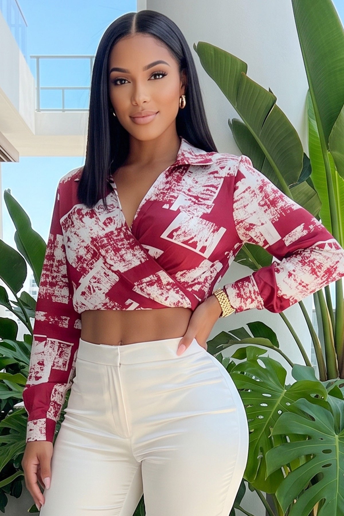 Print On Satin Fabric Long Sleeve Crop Blouse With Collar