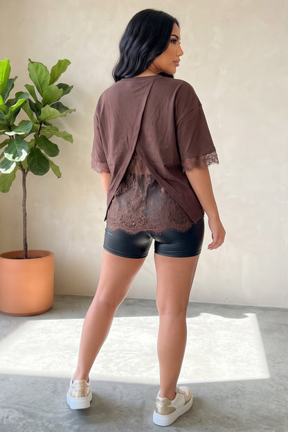 Lace-Trim Crossover Back T-Shirt