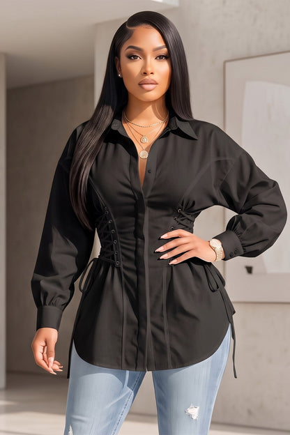 Puffy Long Sleeve Button Down White Tunic Shirt With Eyelet