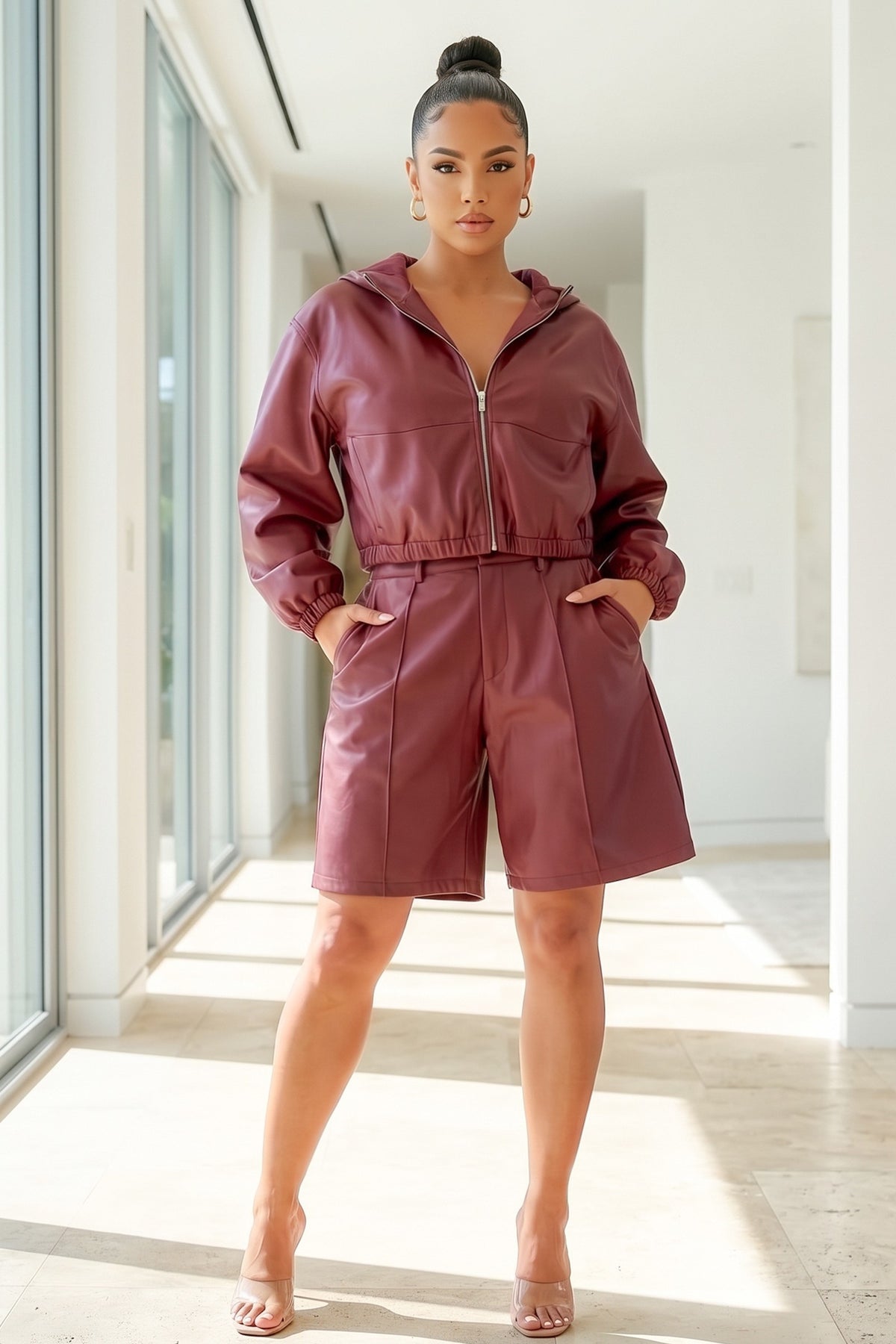 Faux Leather Hoodie Jacket And Biker Short 2pc Set