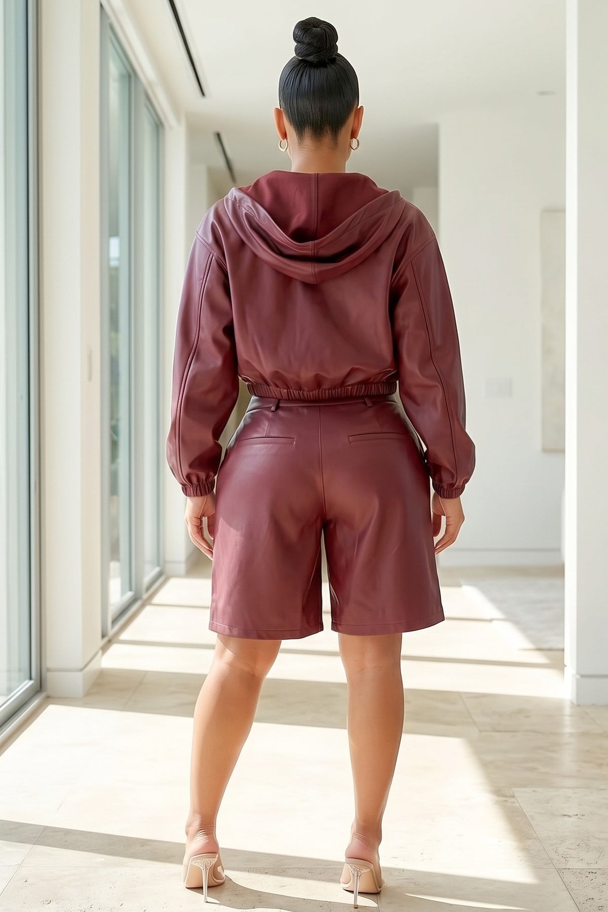 Faux Leather Hoodie Jacket And Biker Short 2pc Set