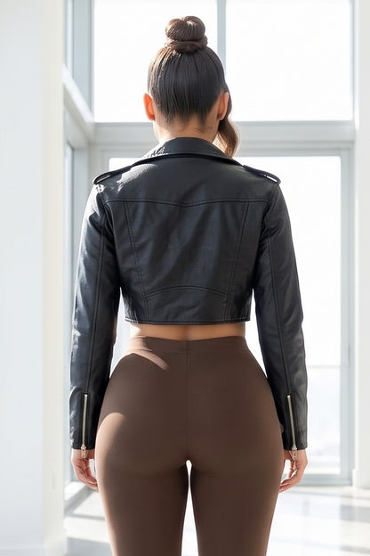 Faux Leather Lapel Collar Zip Up Front Cropped Moto Jacket