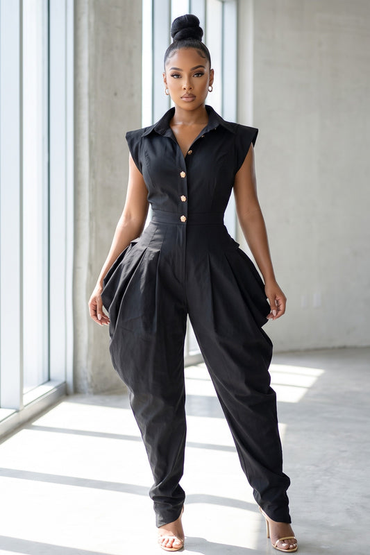 Cap Sleeve Gold Ornate Buttons Harlem Pant Jumpsuit