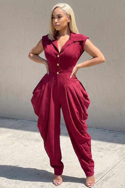 Cap Sleeve Gold Ornate Buttons Harlem Pant Jumpsuit