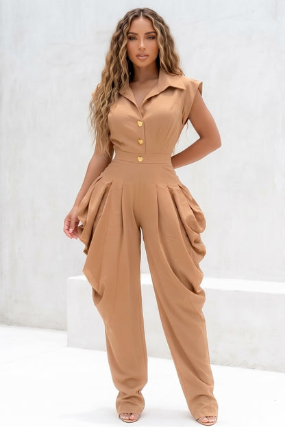Cap Sleeve Gold Ornate Buttons Harlem Pant Jumpsuit