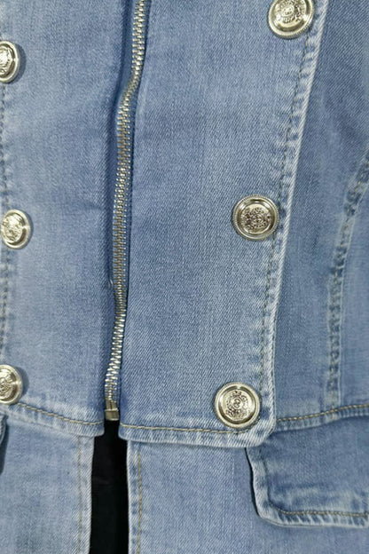 Napoleon Button Design Long Sleeve Zip Up Denim Jacket