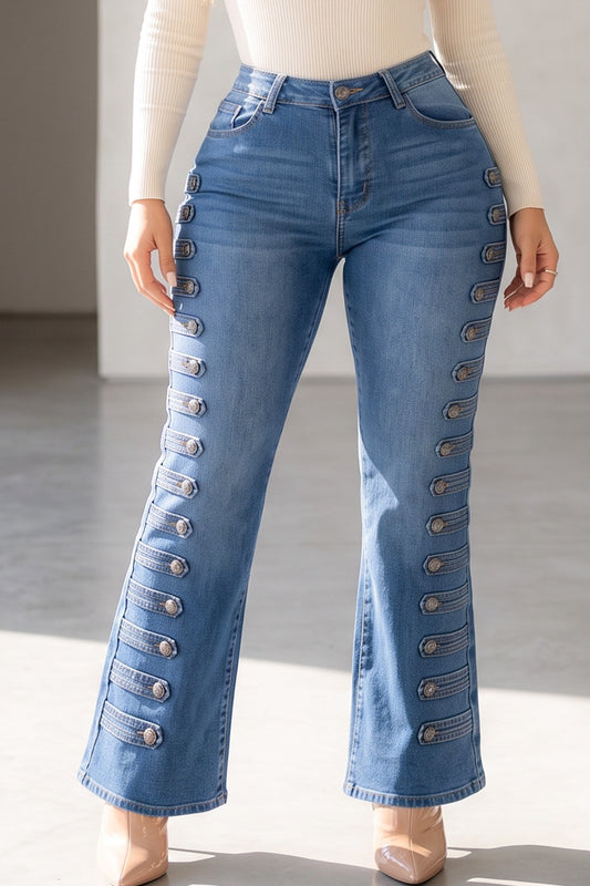Napoleon Theme Button Design High Rise Wide Leg Jean