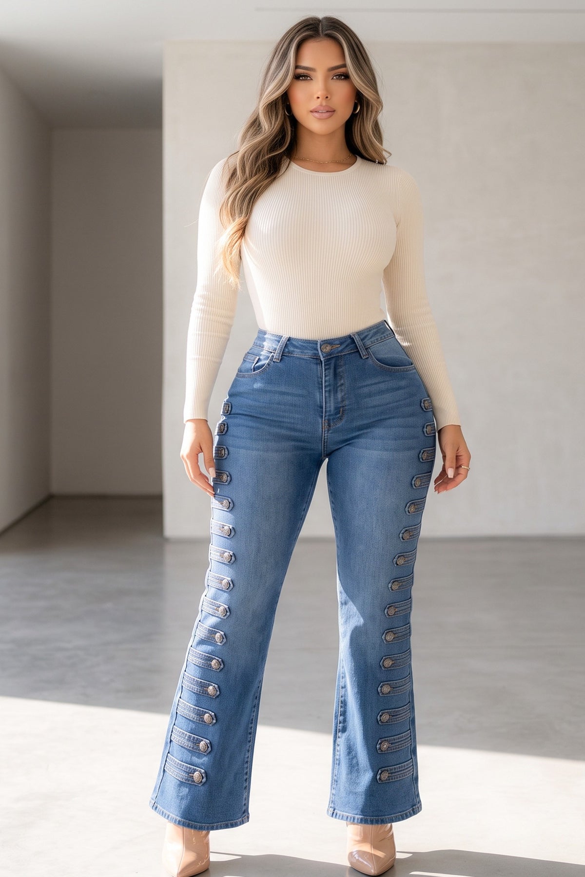 Napoleon Theme Button Design High Rise Wide Leg Jean