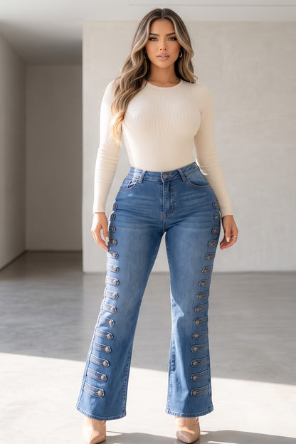 Napoleon Theme Button Design High Rise Wide Leg Jean