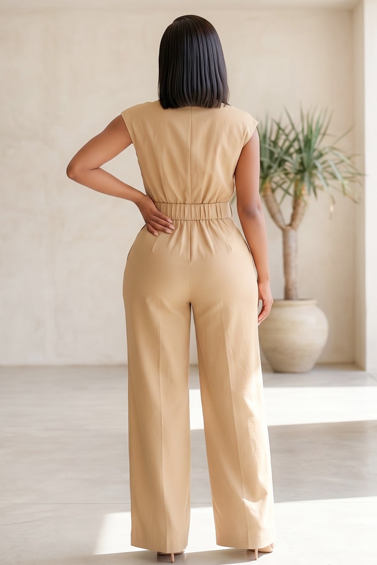Cap Sleeve Madarin Collar Button Up Wide Leg Jumpsuit