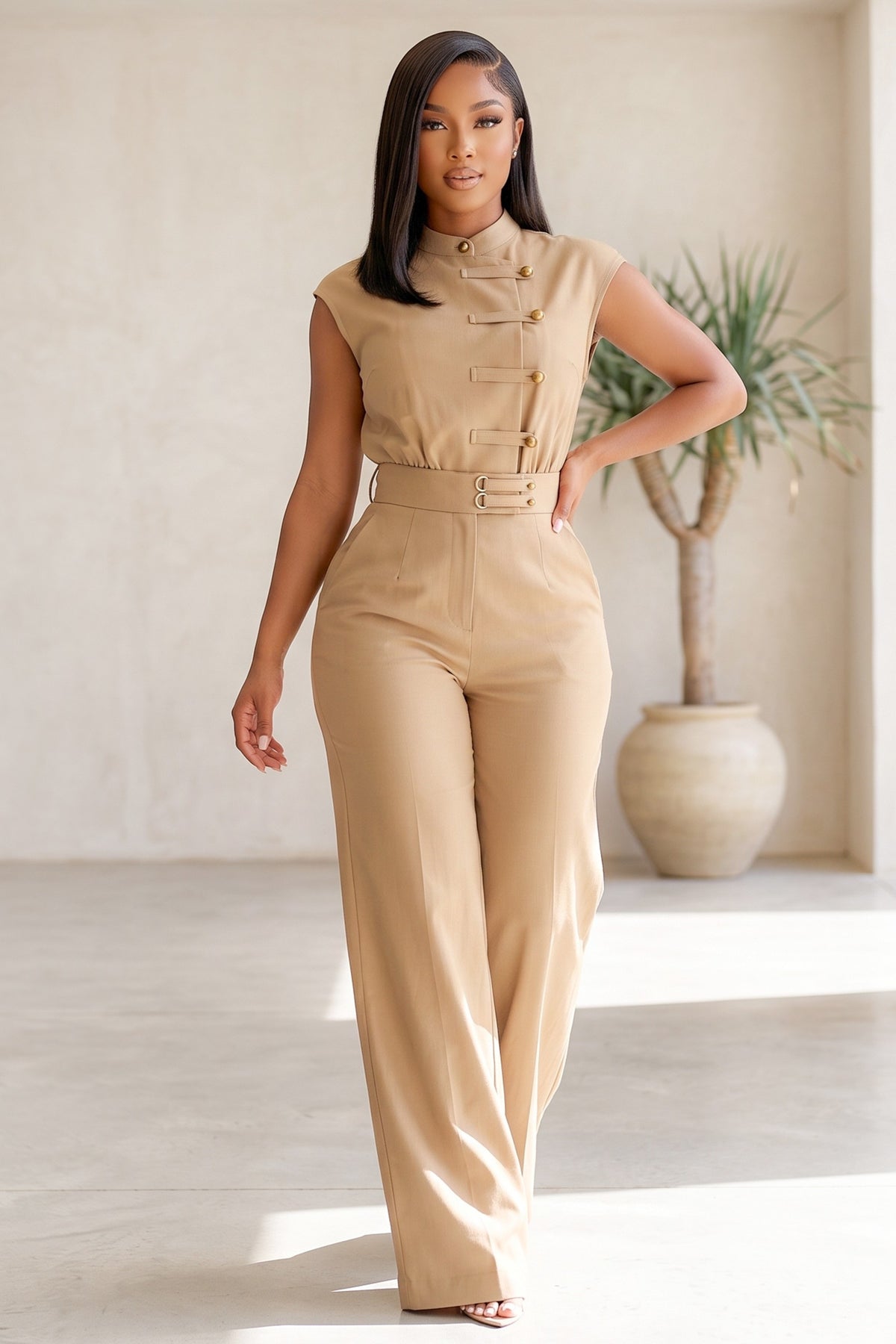 Cap Sleeve Madarin Collar Button Up Wide Leg Jumpsuit