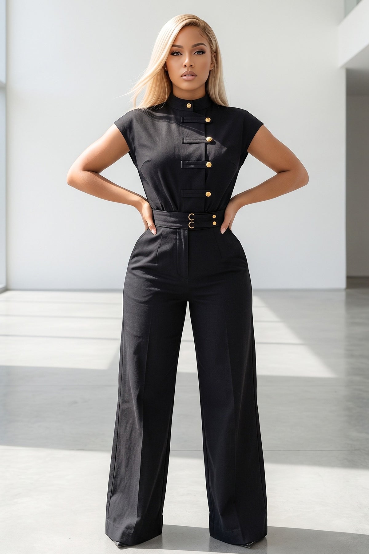 Cap Sleeve Madarin Collar Button Up Wide Leg Jumpsuit