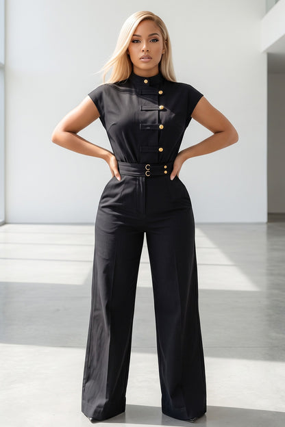 Cap Sleeve Madarin Collar Button Up Wide Leg Jumpsuit
