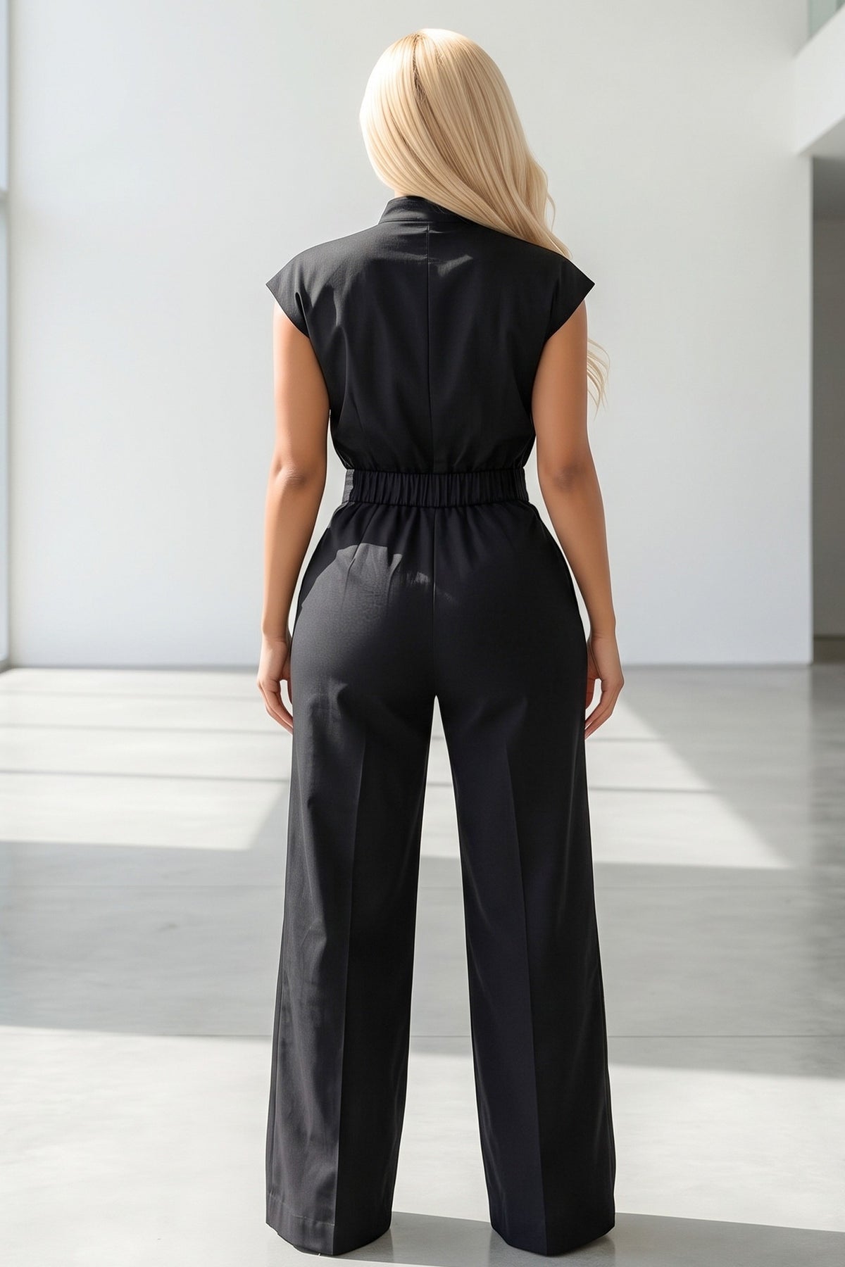 Cap Sleeve Madarin Collar Button Up Wide Leg Jumpsuit