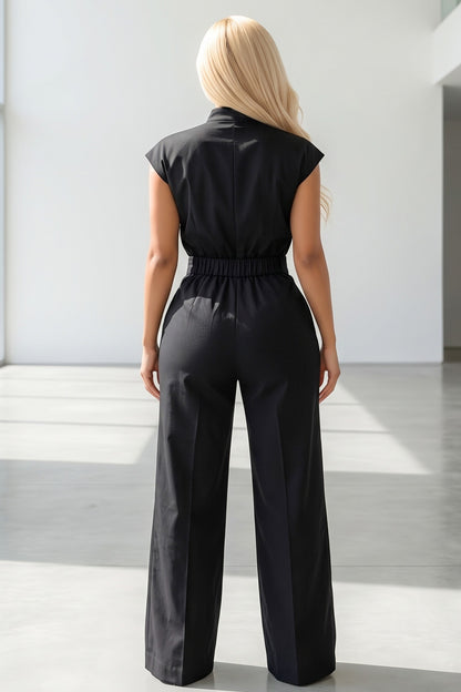 Cap Sleeve Madarin Collar Button Up Wide Leg Jumpsuit