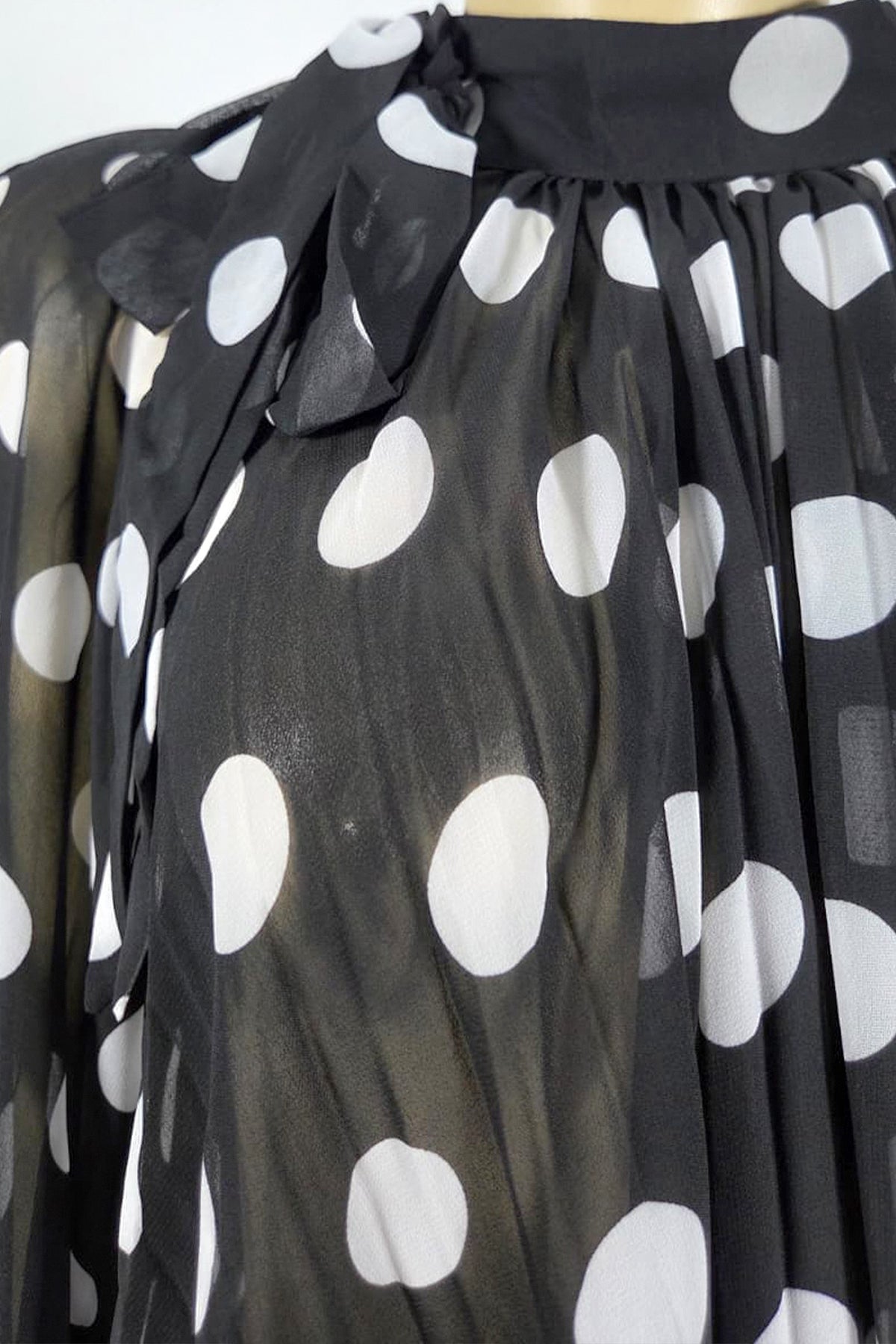 Polka Dot Sheer Chiffon Pleated Mock Neck Blouse With Ribbon