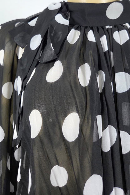 Polka Dot Sheer Chiffon Pleated Mock Neck Blouse With Ribbon