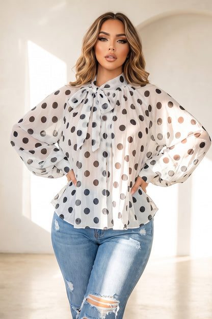 Polka Dot Sheer Chiffon Pleated Mock Neck Blouse With Ribbon