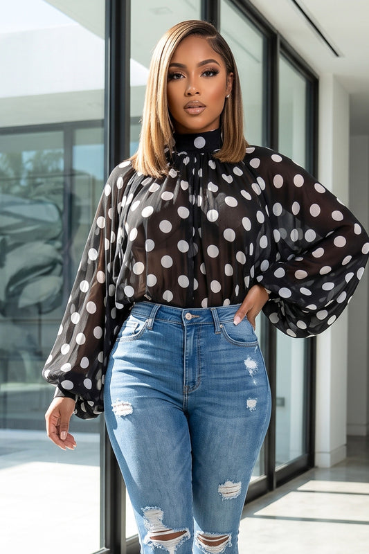 Polka Dot Sheer Chiffon Pleated Mock Neck Blouse With Ribbon