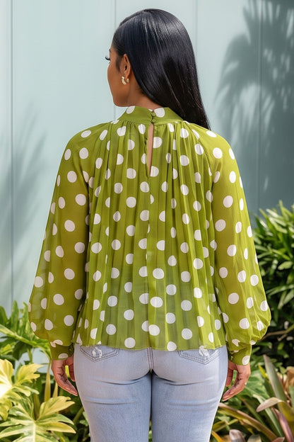 Polka Dot Sheer Chiffon Pleated Mock Neck Blouse With Ribbon