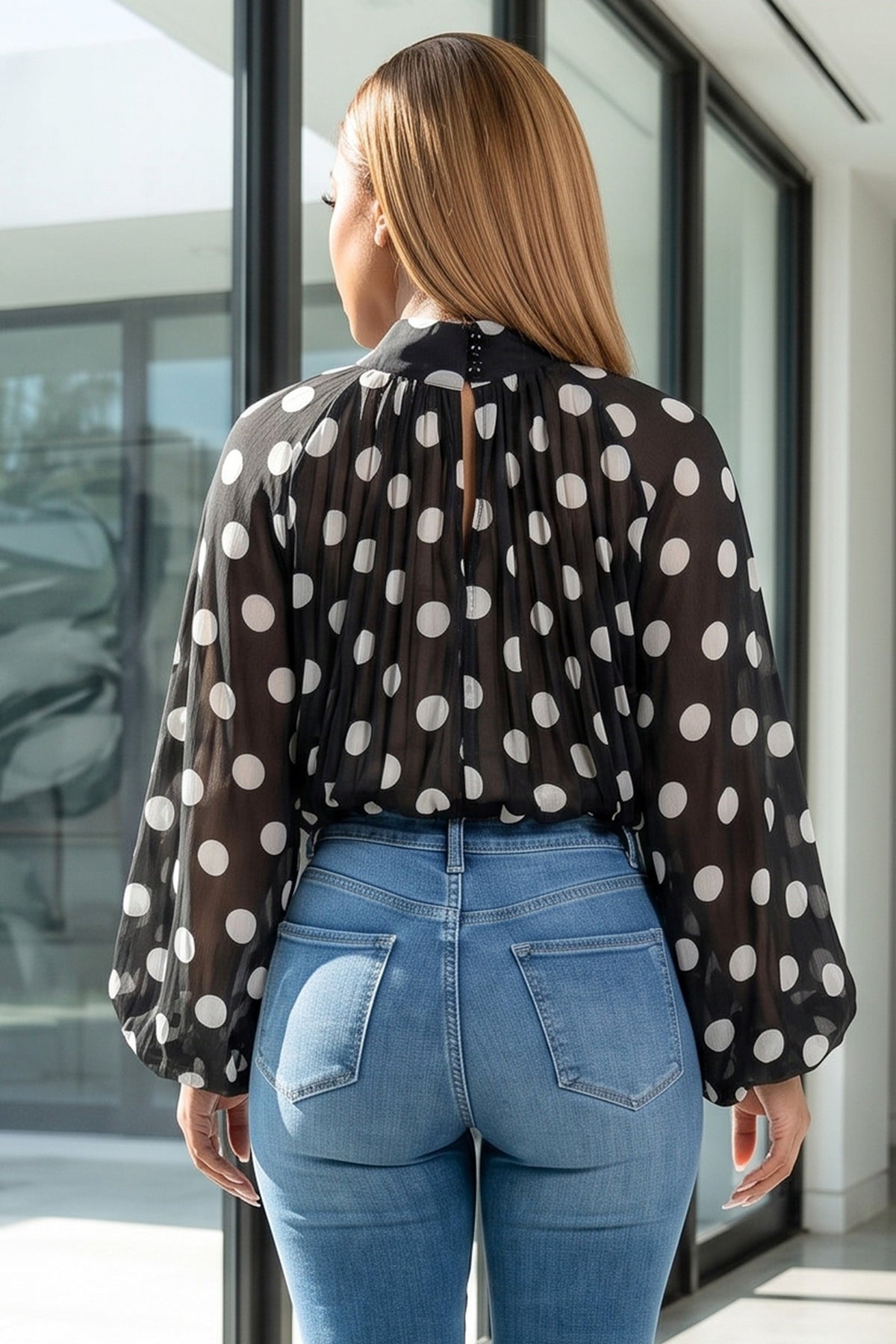 Polka Dot Sheer Chiffon Pleated Mock Neck Blouse With Ribbon