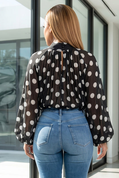 Polka Dot Sheer Chiffon Pleated Mock Neck Blouse With Ribbon