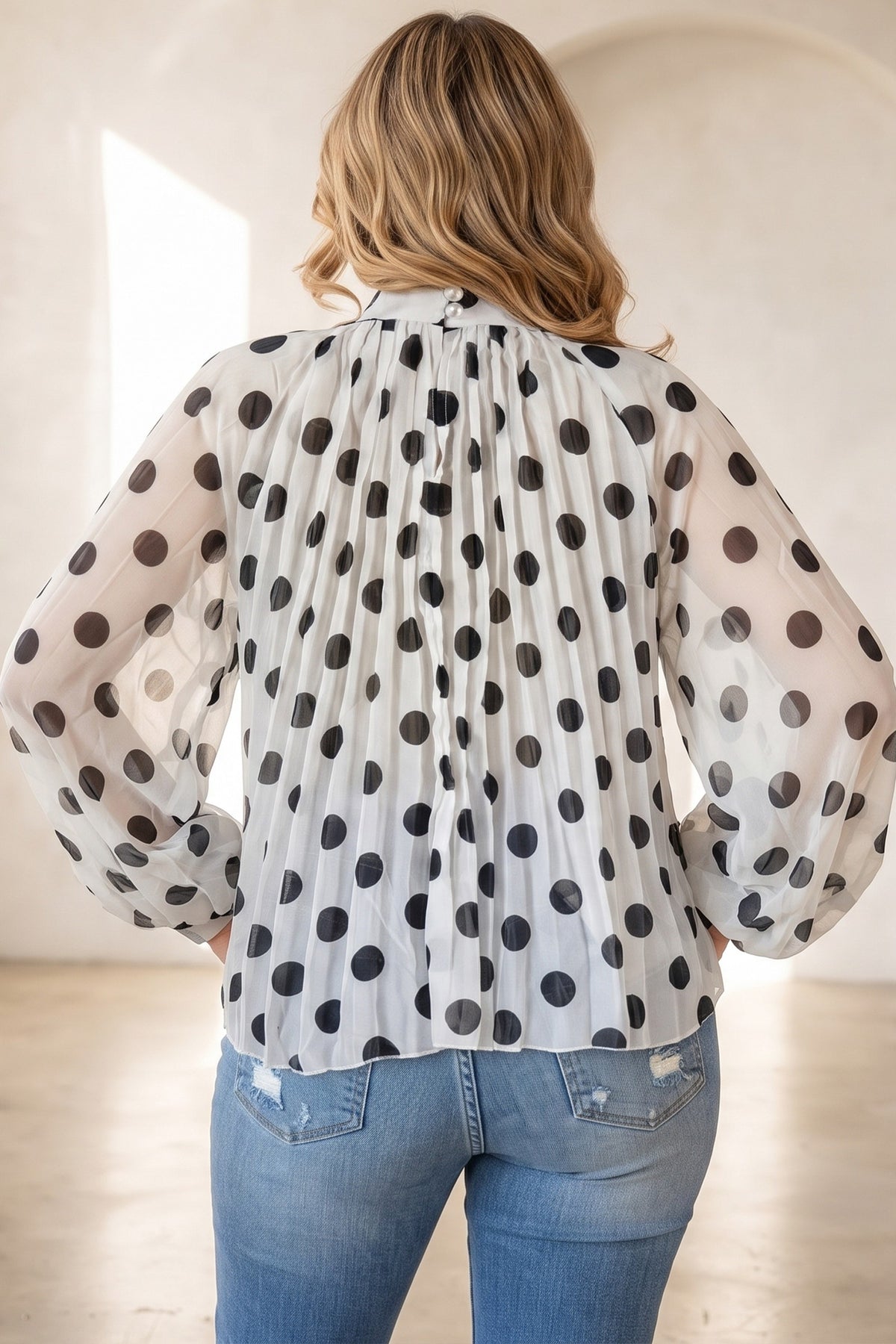 Polka Dot Sheer Chiffon Pleated Mock Neck Blouse With Ribbon