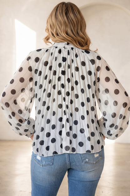 Polka Dot Sheer Chiffon Pleated Mock Neck Blouse With Ribbon