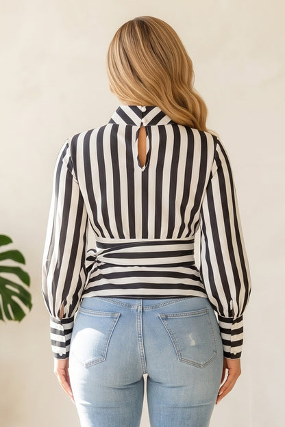Stripe Pattern Mock Neck Keyhole Chest Waist Tie Blouse Top