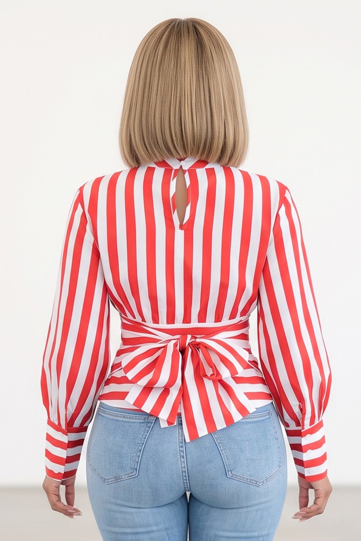Stripe Pattern Mock Neck Keyhole Chest Waist Tie Blouse Top