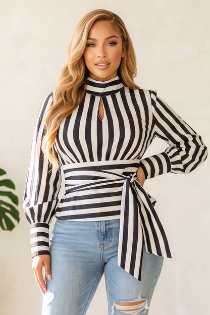 Stripe Pattern Mock Neck Keyhole Chest Waist Tie Blouse Top