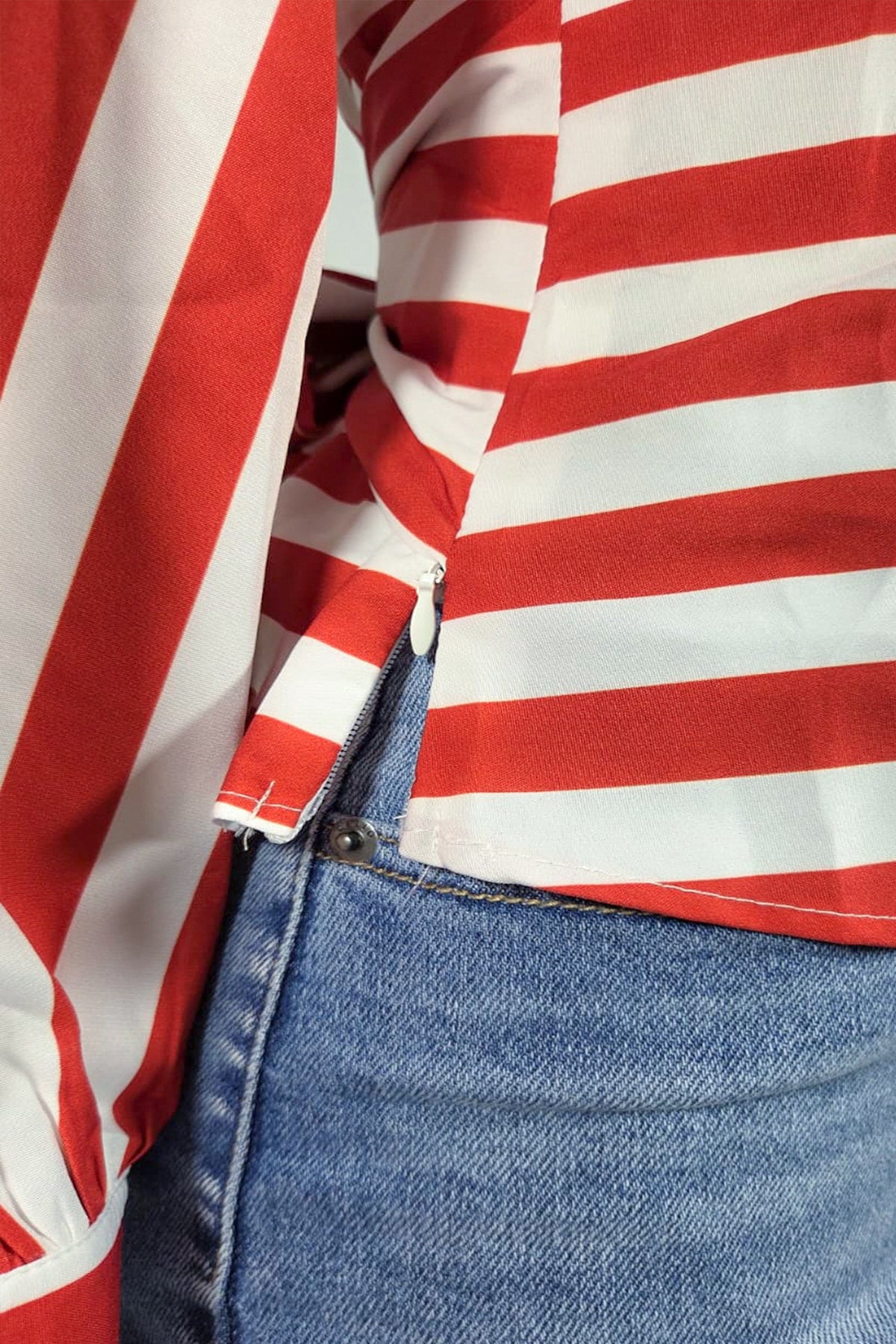 Stripe Pattern Mock Neck Keyhole Chest Waist Tie Blouse Top