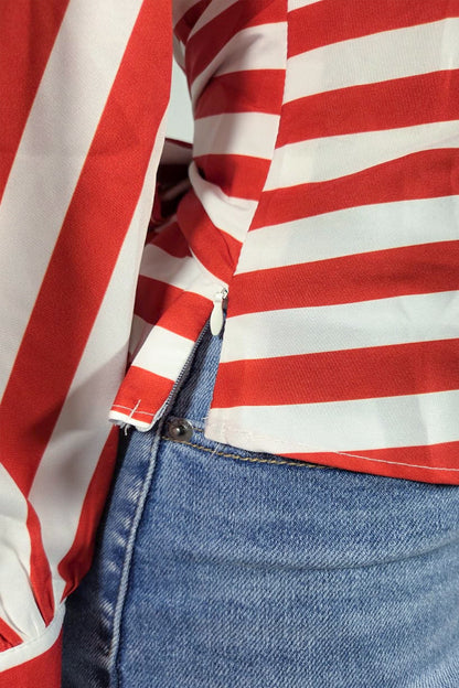 Stripe Pattern Mock Neck Keyhole Chest Waist Tie Blouse Top