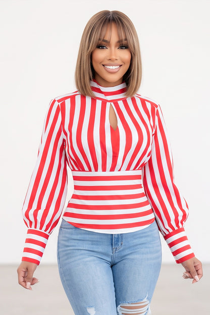 Stripe Pattern Mock Neck Keyhole Chest Waist Tie Blouse Top