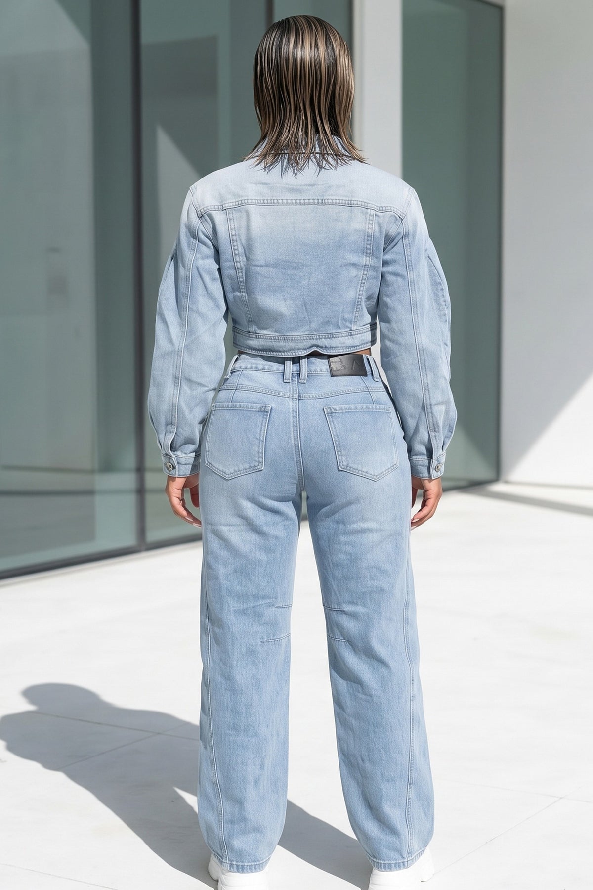 Lapel Collar Bubble Sleeve Crop Jacket And Straight Leg Jean