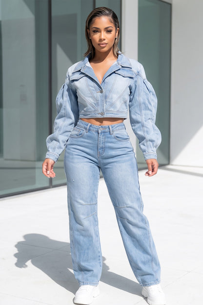 Lapel Collar Bubble Sleeve Crop Jacket And Straight Leg Jean
