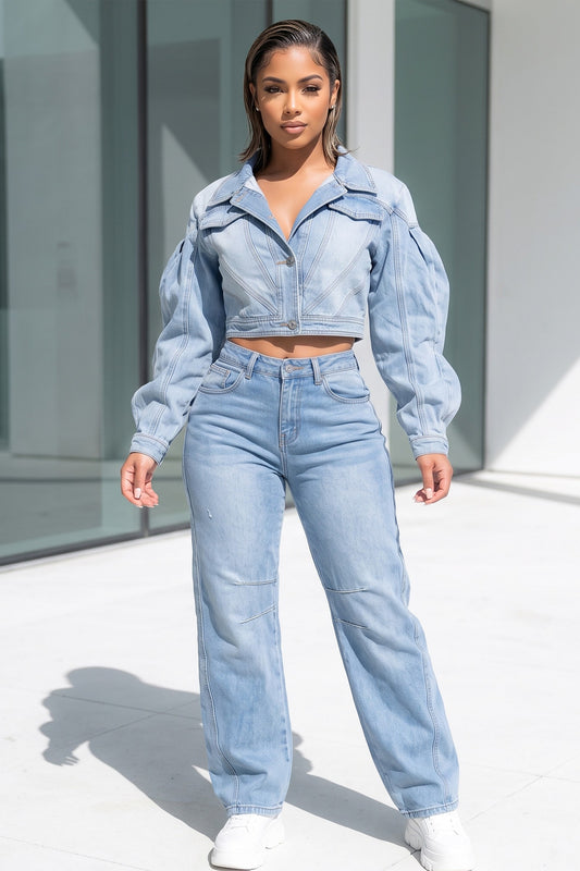 Lapel Collar Bubble Sleeve Crop Jacket And Straight Leg Jean