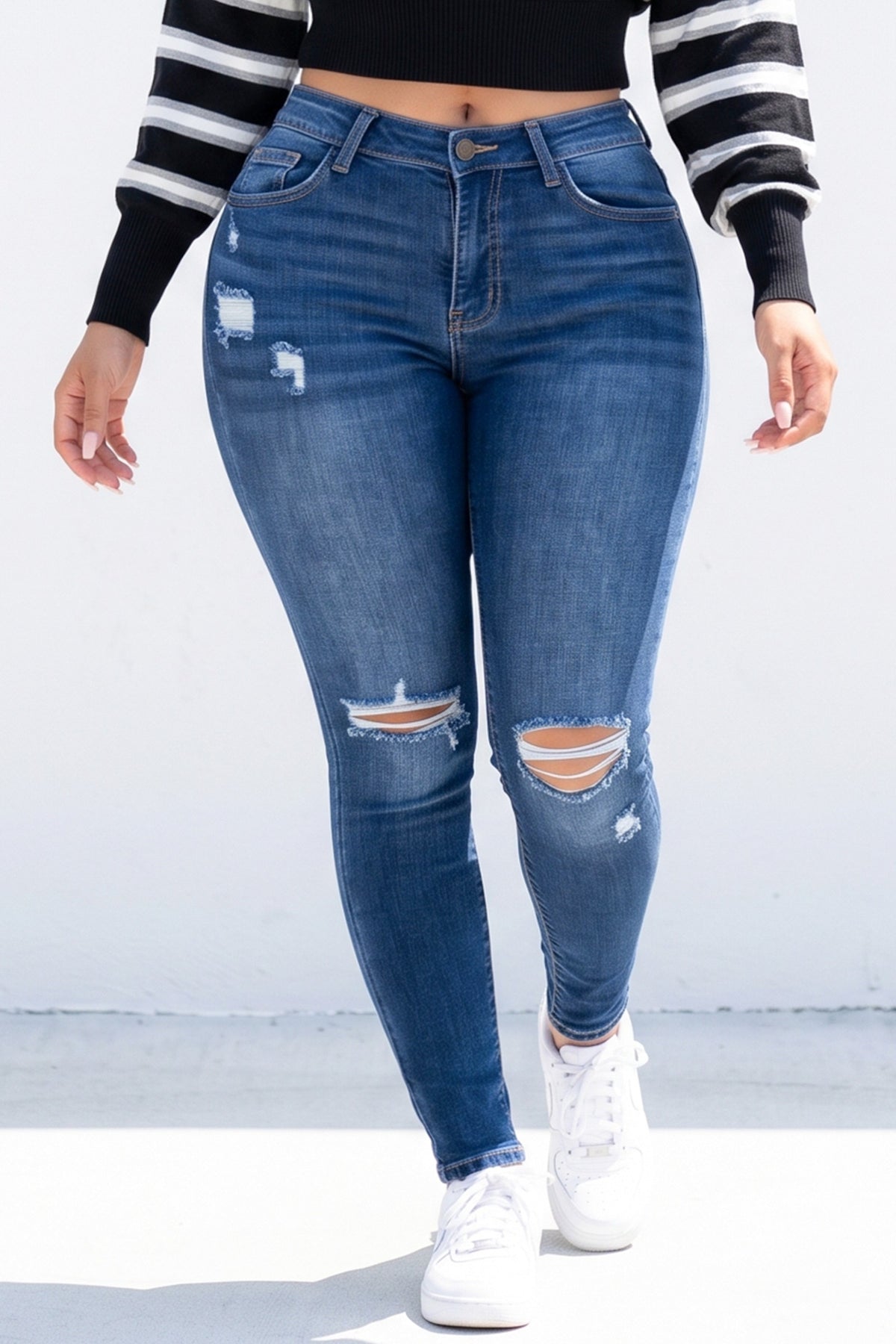 High Rise Stretch Denim Fabric Distressed Skinny Jean