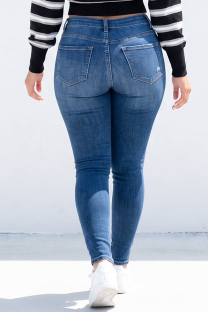 High Rise Stretch Denim Fabric Distressed Skinny Jean